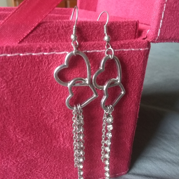 Heart Rhinestone Silver Color Earrings Long Cute - Picture 1 of 5